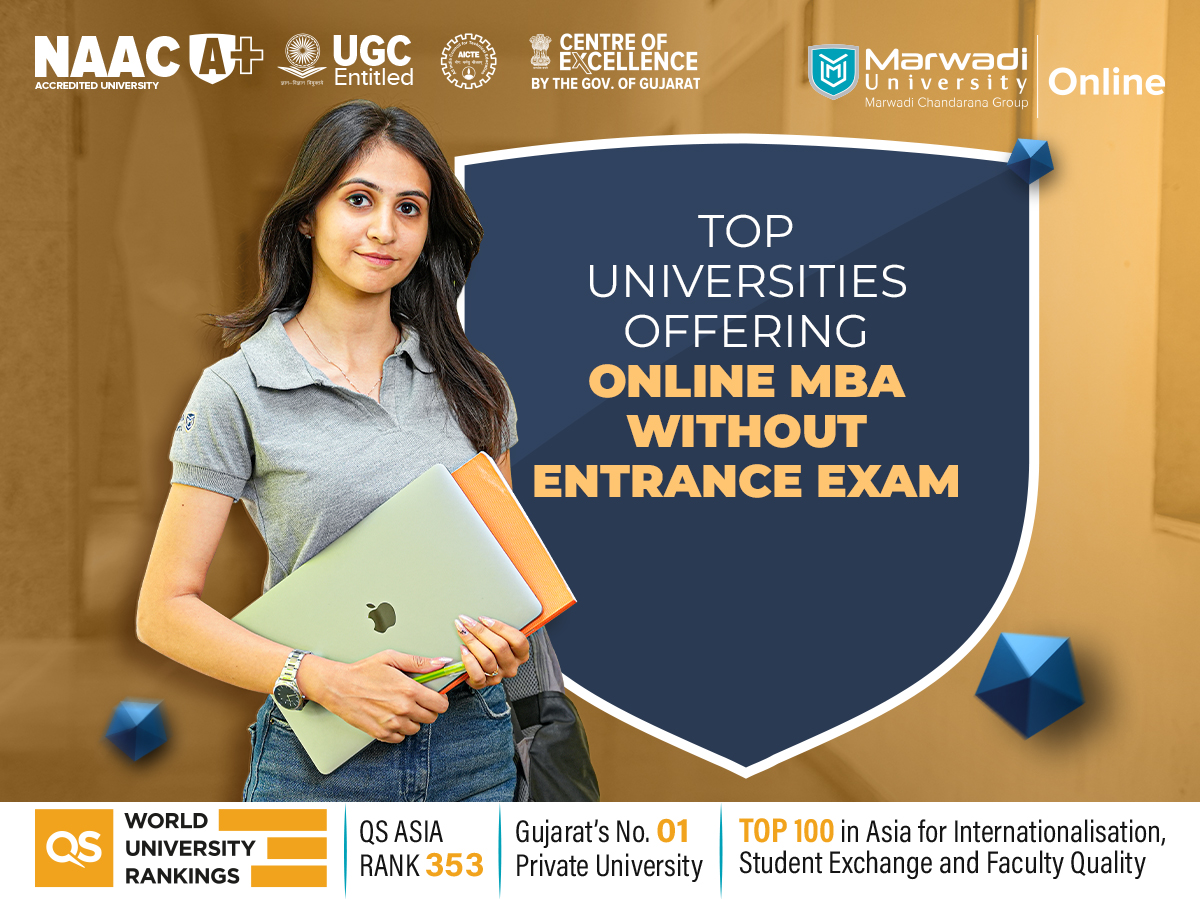 Student holding laptop promoting top universities offering online MBA programs without entrance exams